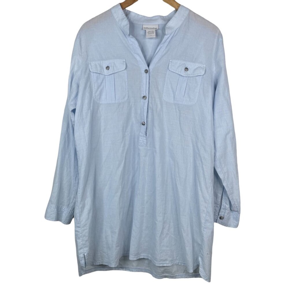 Soft Surroundings Tunic Shirt Popover Striped Lightweight Blue Cotton Size Mediu